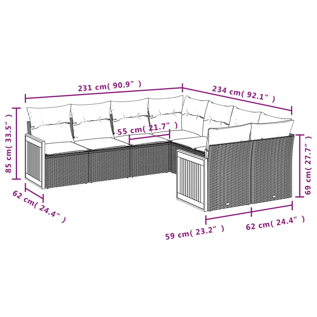 Set canapele de grădină cu perne, 8 piese, gri, poliratan 3260639 - imagine 3