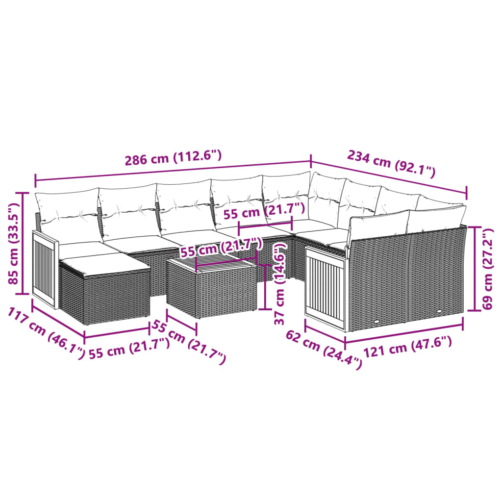 Set canapele de grădină cu perne, 11 piese, negru, poliratan 3260642 - imagine 3