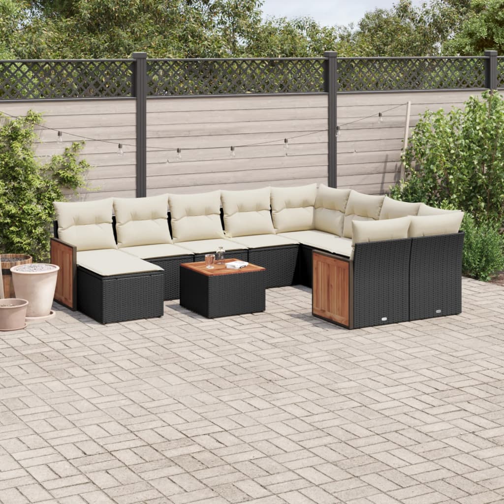 vidaXL 11-tlg. Garten-Sofagarnitur mit Kissen Schwarz Poly Rattan