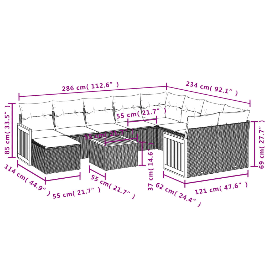 vidaXL 11 pcs conjunto sofás de jardim c/ almofadões vime PE bege