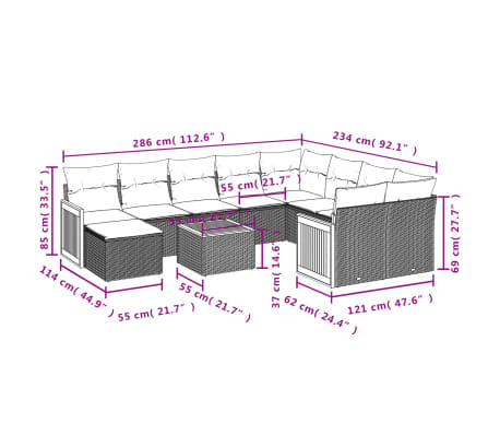 vidaXL 11-delige Tuinset met kussens poly rattan beige