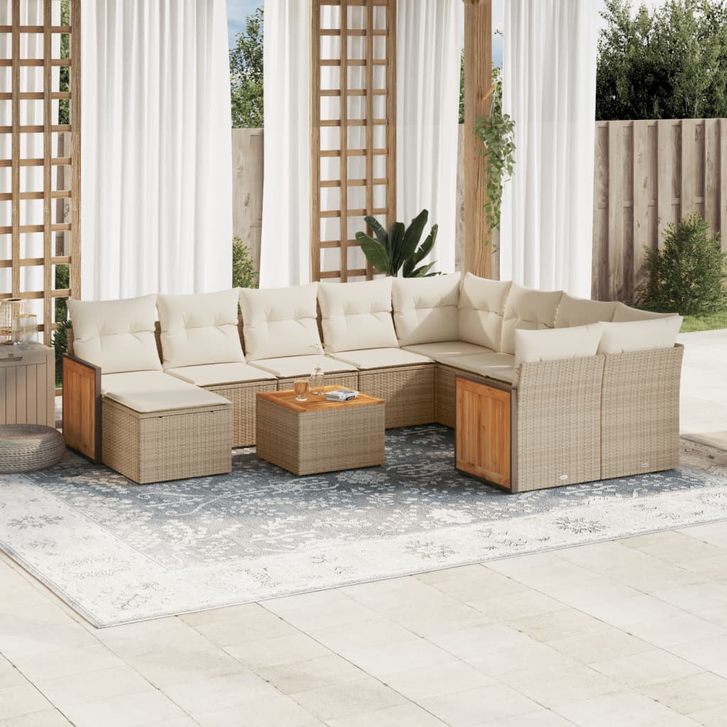 vidaXL 11-tlg. Garten-Sofagarnitur mit Kissen Beige Poly Rattan