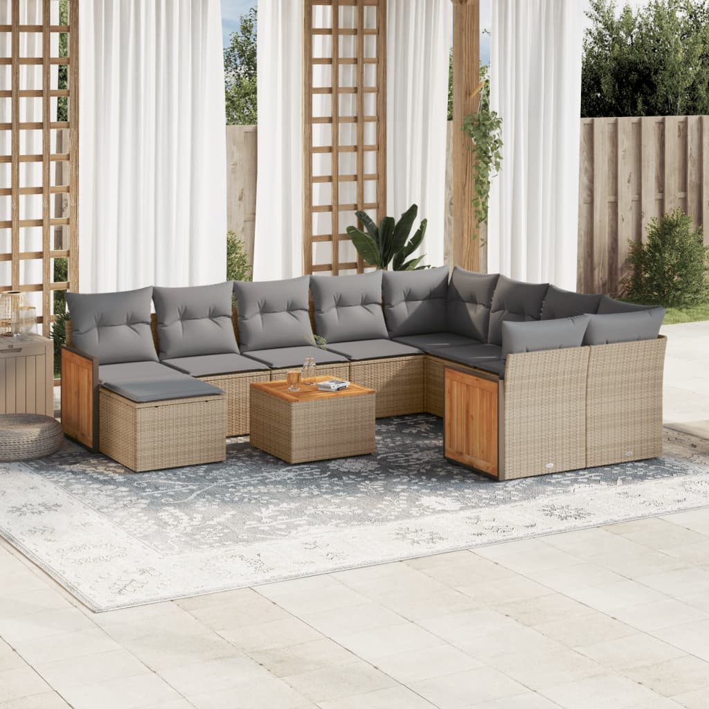 vidaXL 11-tlg. Garten-Sofagarnitur mit Kissen Beige Poly Rattan