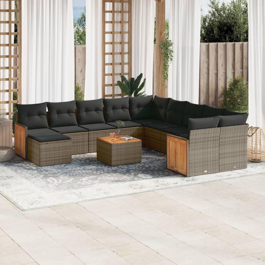 12-tlg. Garten-Sofagarnitur mit Kissen Grau Poly Rattan