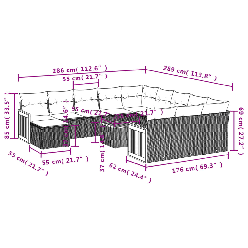 Set mobilier de grădină cu perne, 13 piese, gri, poliratan 3260674 - imagine 3