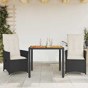 3dílný bistro set s poduškami černý polyratan a akácie - obrázek 1