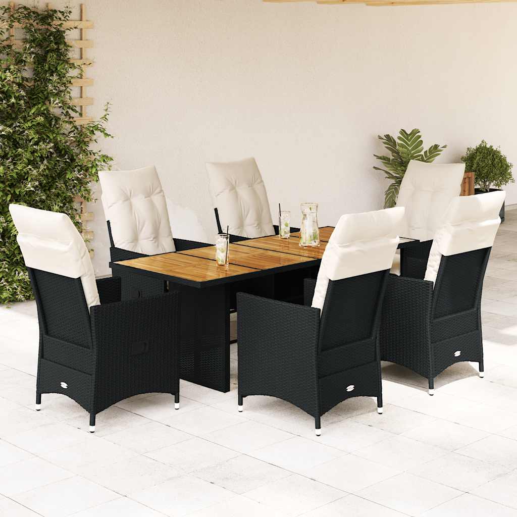 vidaXL 7-tlg. Garten-Essgruppe mit Kissen Schwarz Poly Rattan