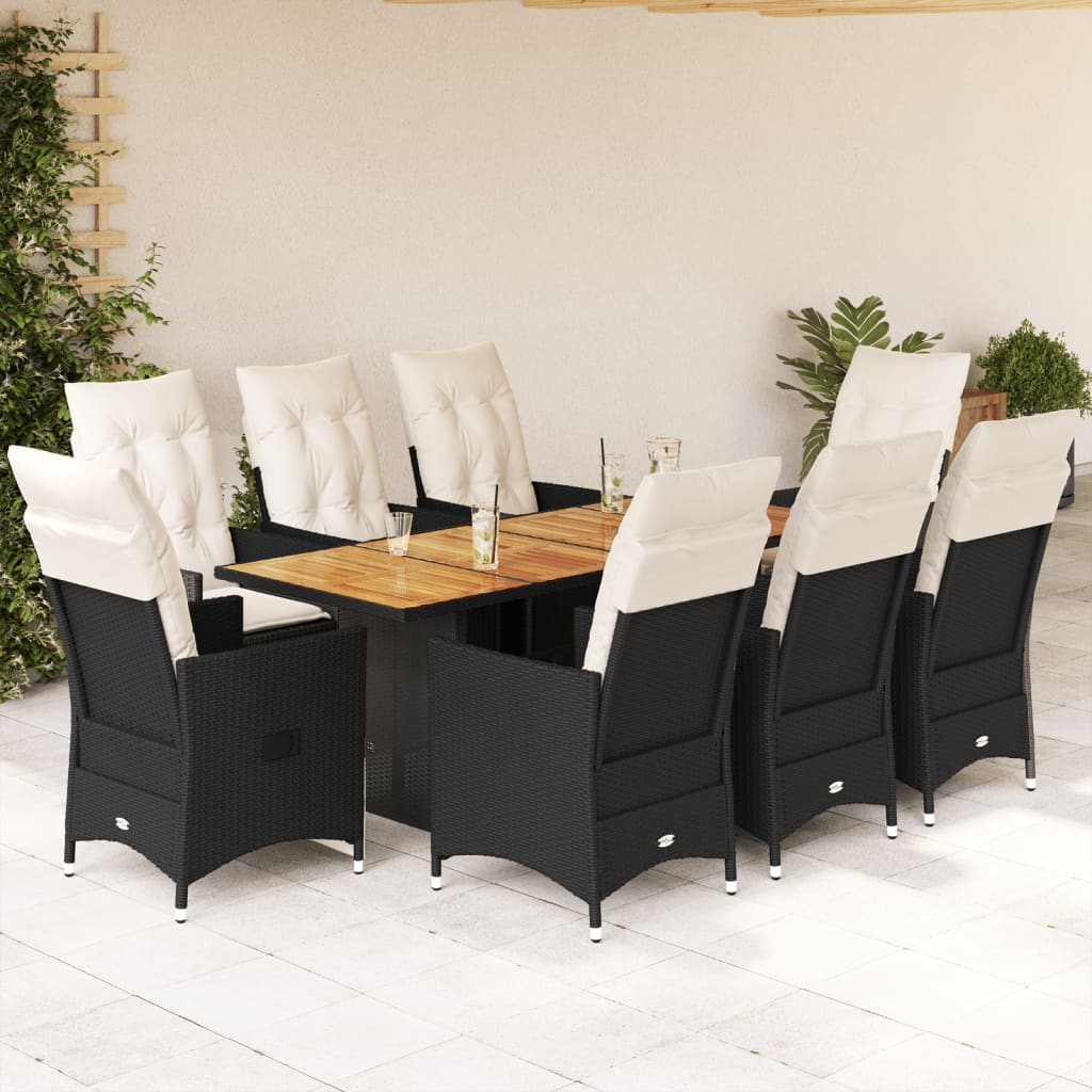 vidaXL 9-tlg. Garten-Essgruppe mit Kissen Schwarz Poly Rattan