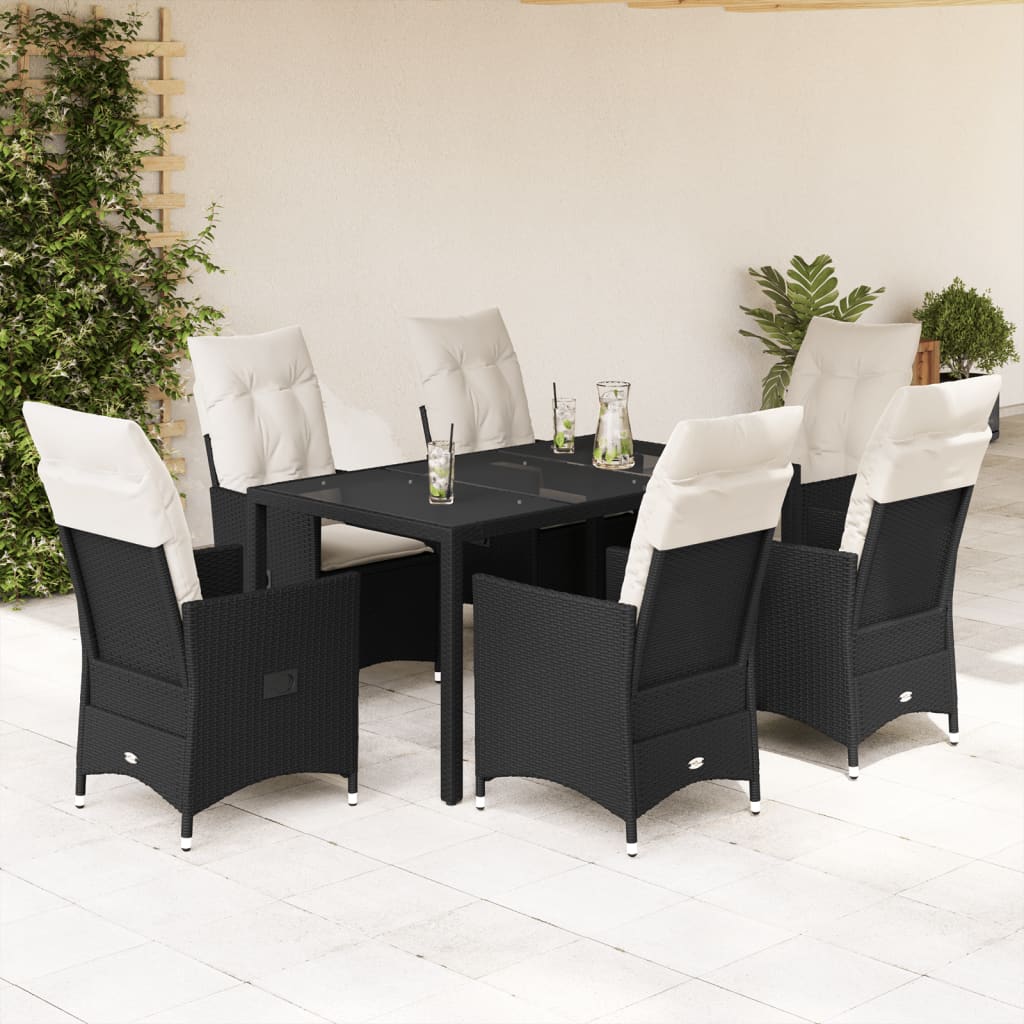 imagem de vidaXL 7 pcs conjunto de jantar p/ jardim c/ almofadões vime PE preto1