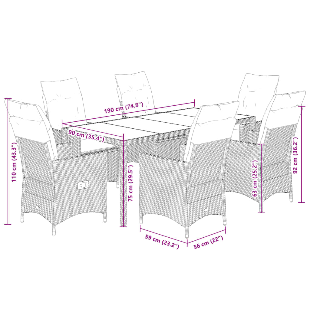 imagem de vidaXL 7 pcs conjunto de jantar p/ jardim c/ almofadões vime PE preto8