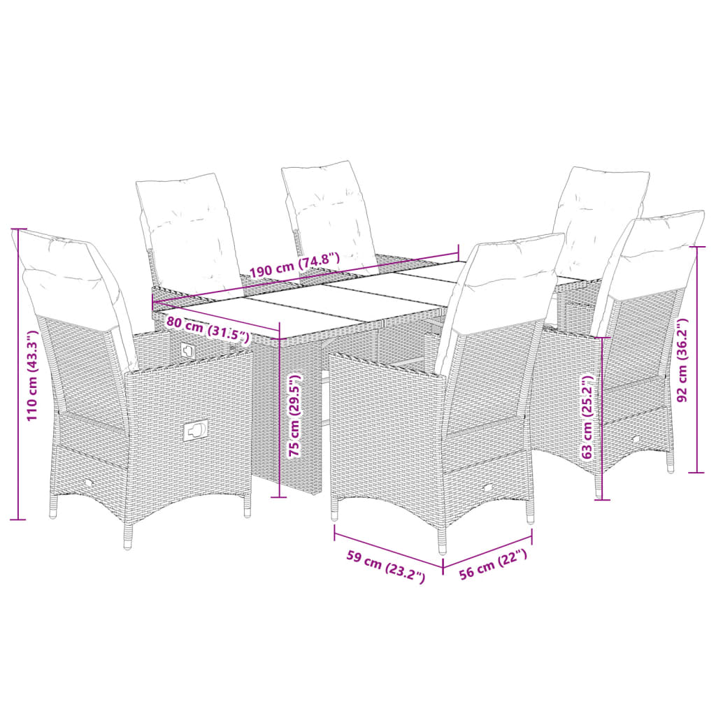 imagem de vidaXL 7 pcs conjunto de jantar p/ jardim c/ almofadões vime PE preto8