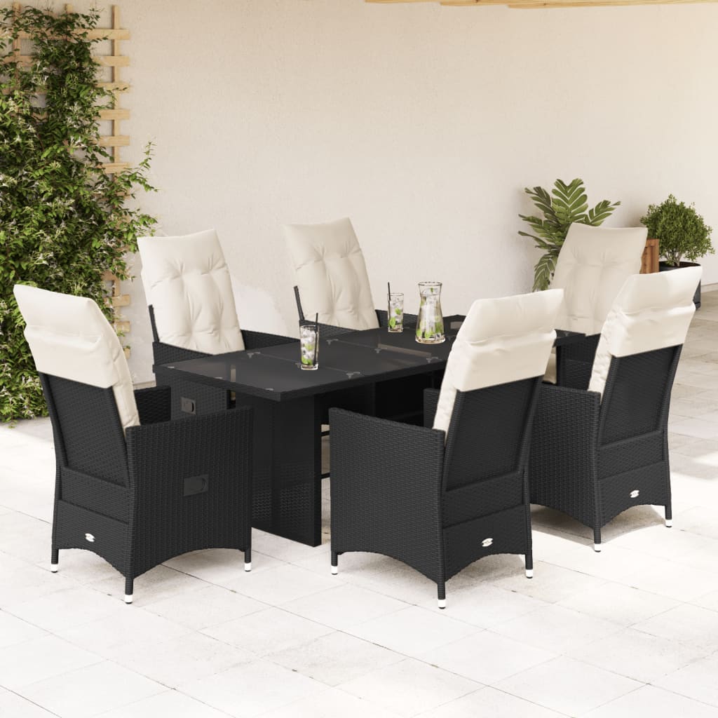 imagem de vidaXL 7 pcs conjunto de jantar p/ jardim c/ almofadões vime PE preto1