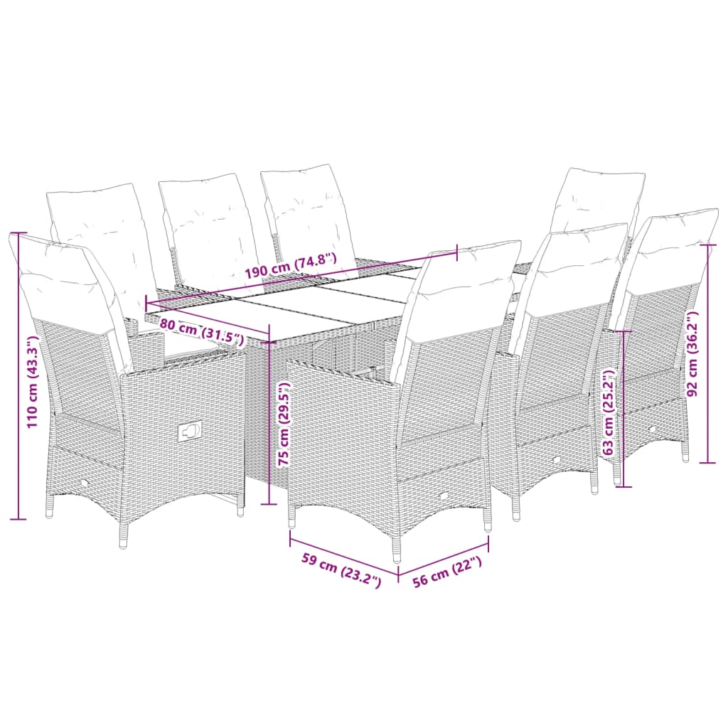 imagem de vidaXL 9 pcs conjunto de jantar p/ jardim c/ almofadões vime PE preto10