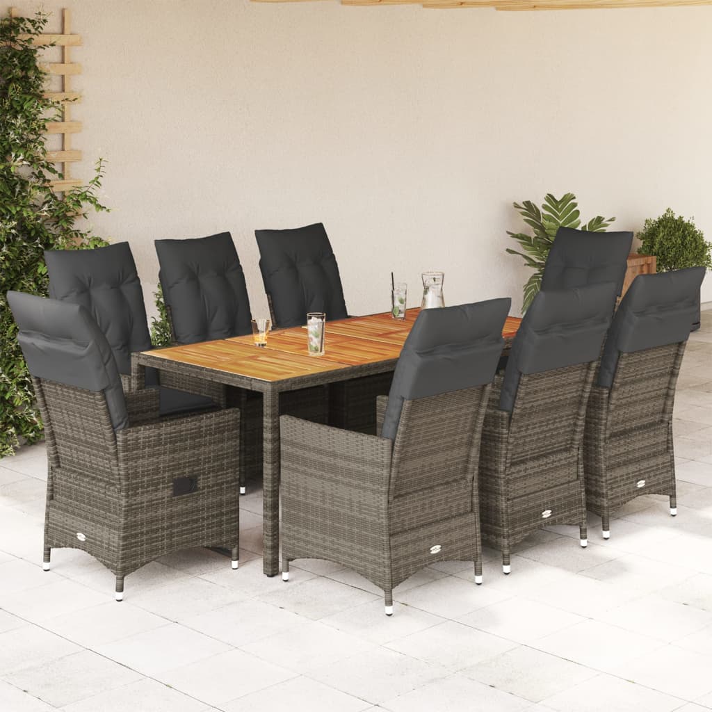 vidaXL 9-tlg. Garten-Essgruppe mit Kissen Grau Poly Rattan