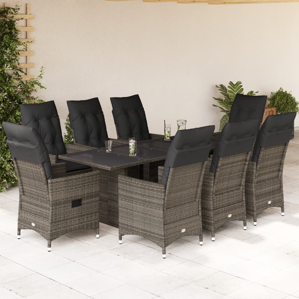 vidaXL 9-tlg. Garten-Essgruppe mit Kissen Grau Poly Rattan