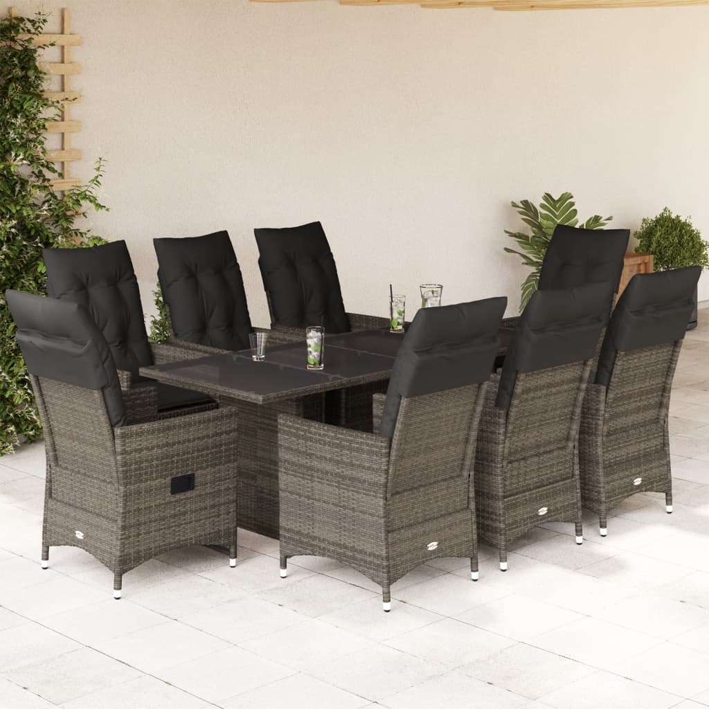 vidaXL 9-tlg. Garten-Essgruppe mit Kissen Grau Poly Rattan