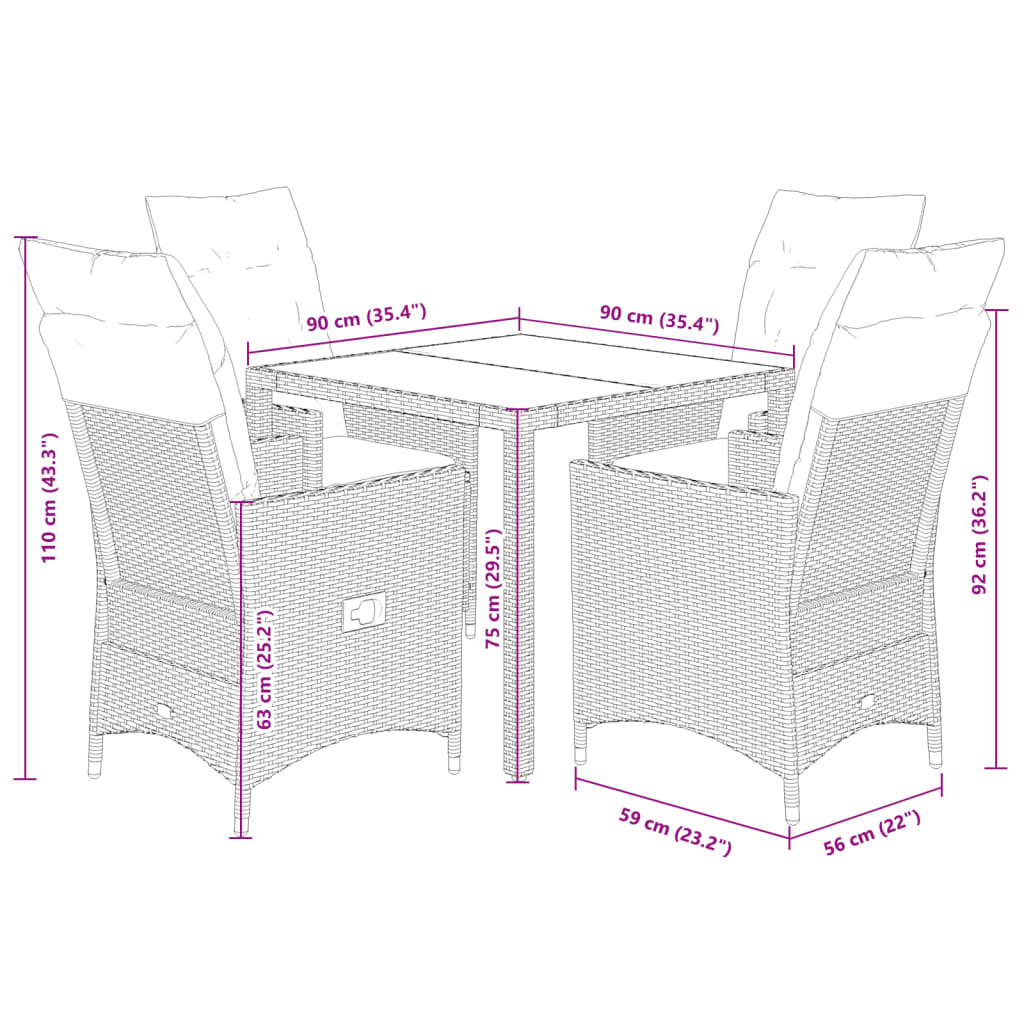 imagem de vidaXL 5 pcs conjunto jantar p/ jardim c/ almofadões vime PE castanho8