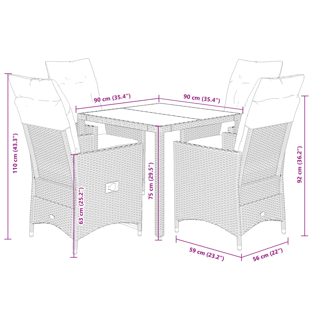 imagem de vidaXL 5 pcs conjunto jantar p/ jardim c/ almofadões vime PE castanho10