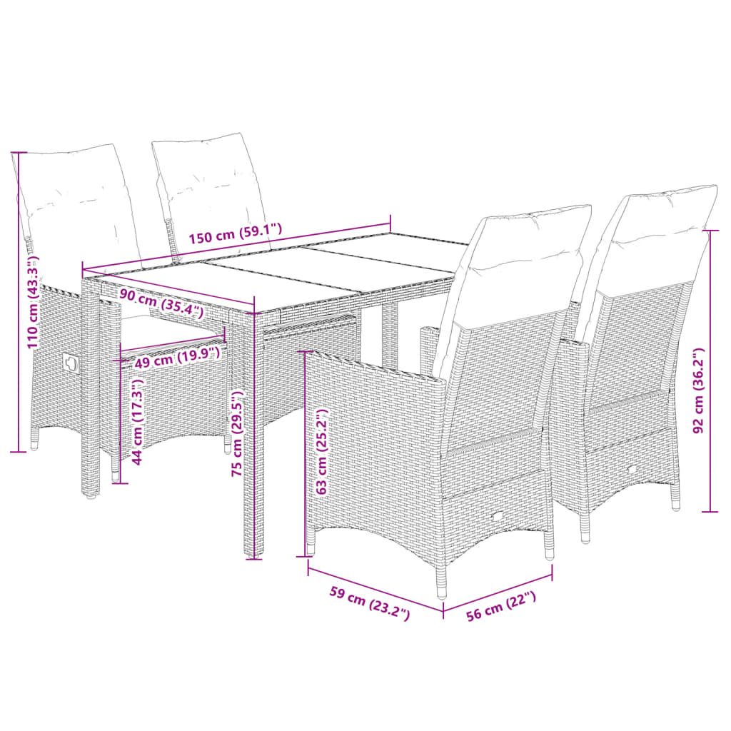 imagem de vidaXL 5 pcs conjunto jantar p/ jardim c/ almofadões vime PE castanho8