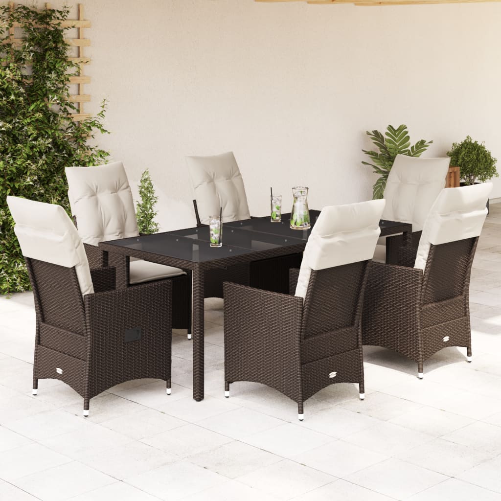 vidaXL 7-tlg. Garten-Essgruppe mit Kissen Braun Poly Rattan