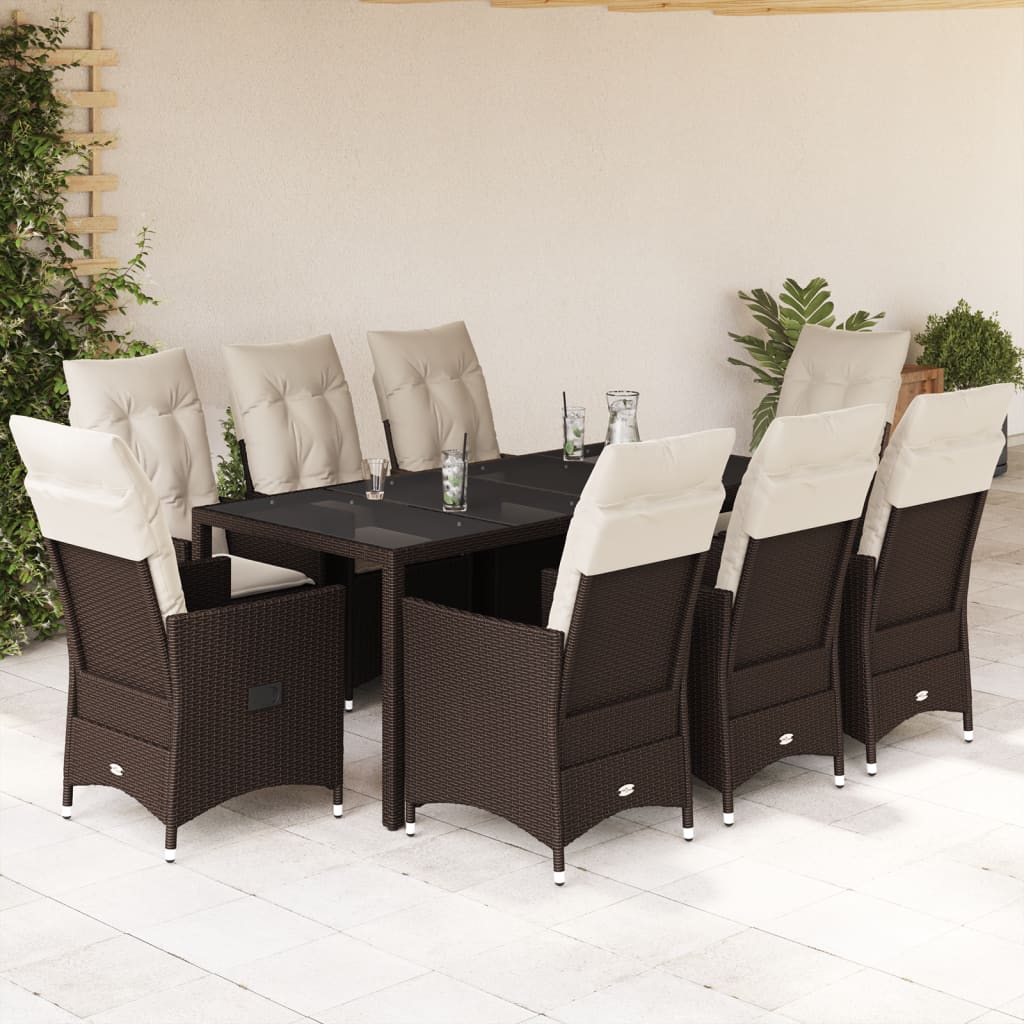 vidaXL 9-tlg. Garten-Essgruppe mit Kissen Braun Poly Rattan