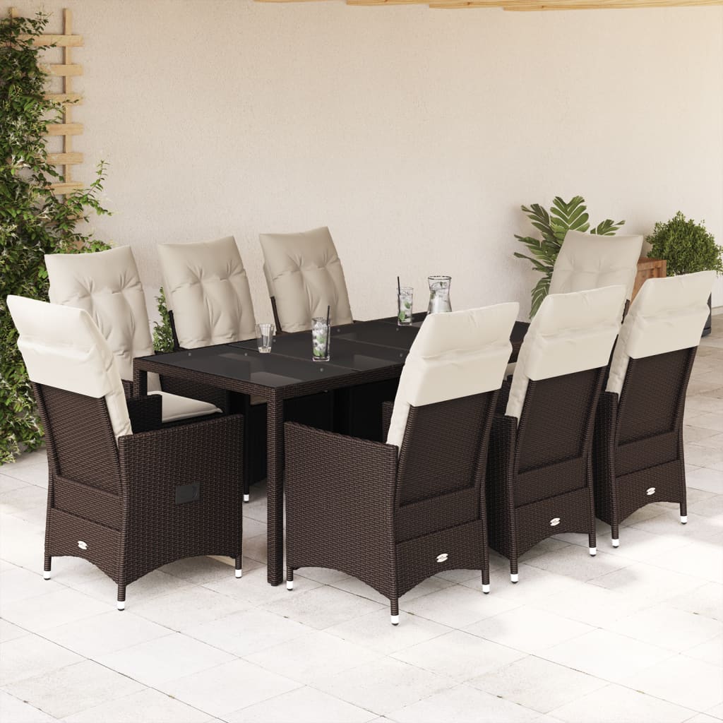 vidaXL 9-tlg. Garten-Essgruppe mit Kissen Braun Poly Rattan