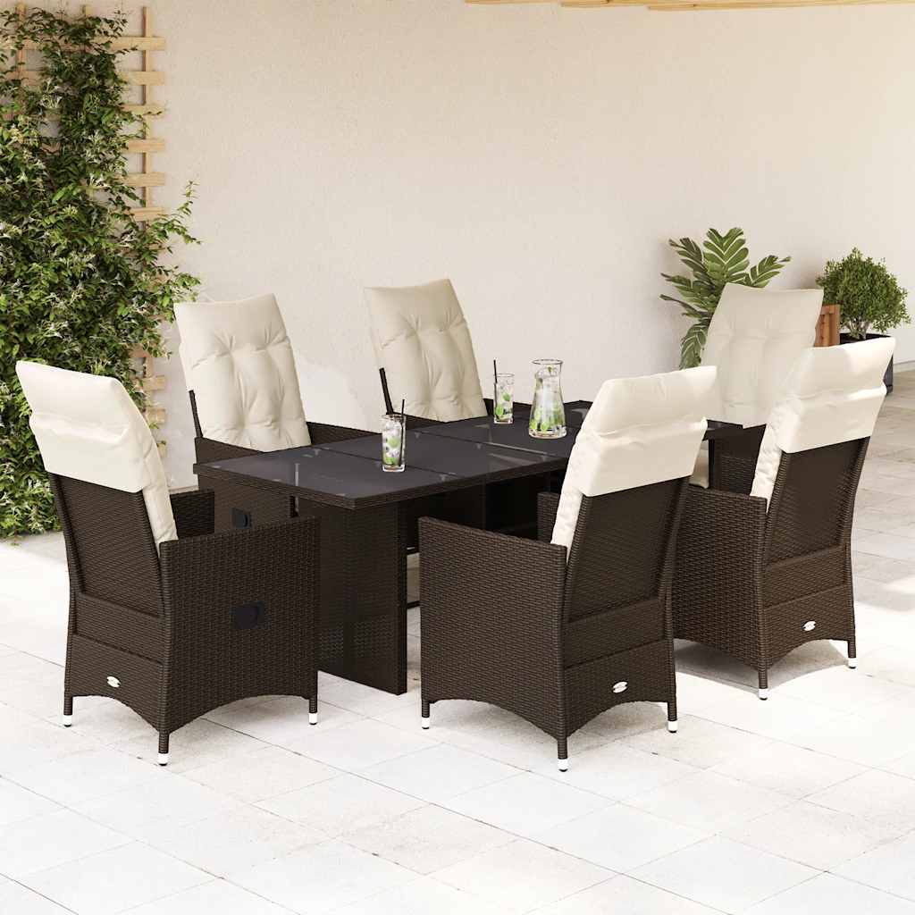 vidaXL 7-tlg. Garten-Essgruppe mit Kissen Braun Poly Rattan