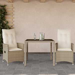 3dílný bistro set s poduškami béžový polyratan