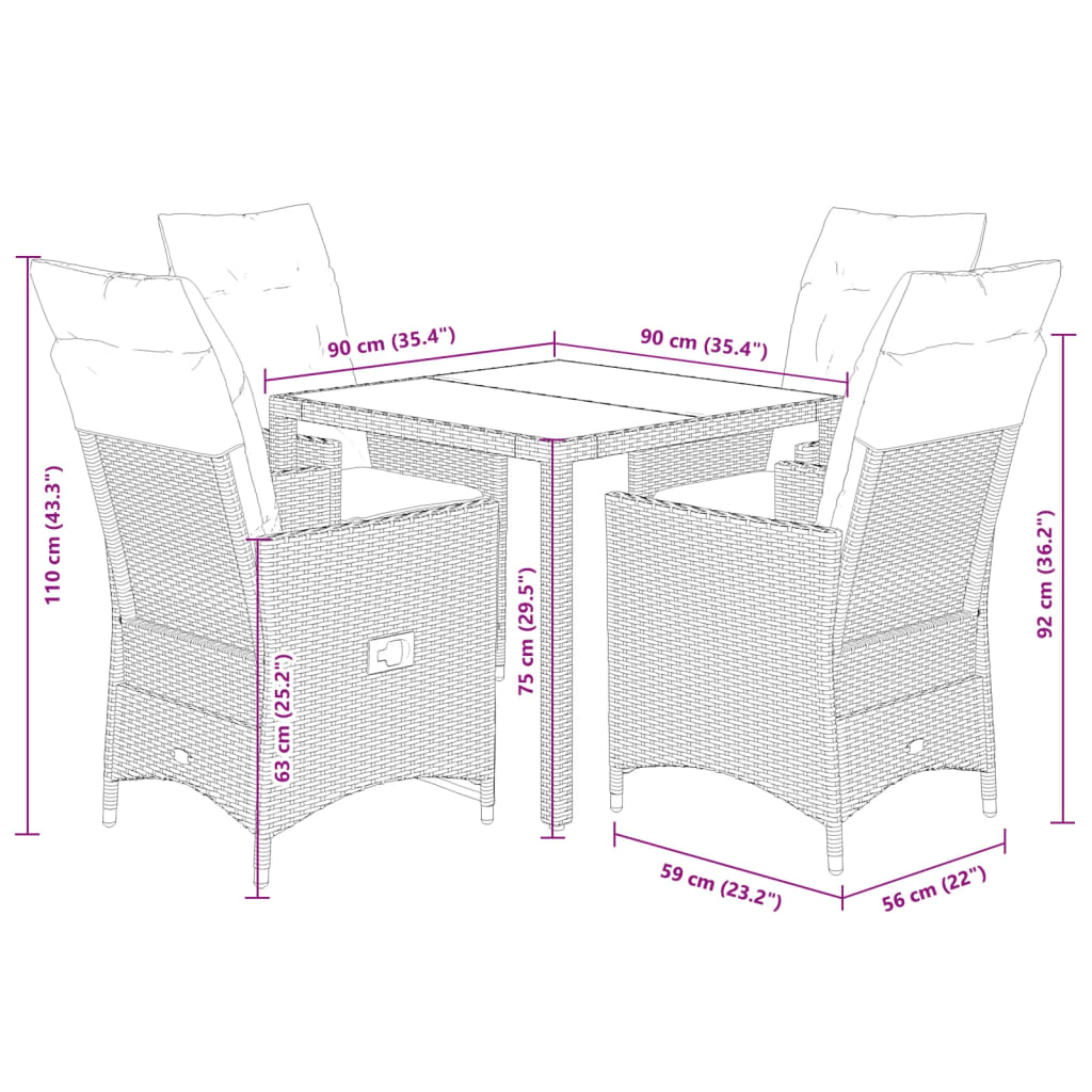 imagem de vidaXL 5 pcs conjunto de jantar p/ jardim com almofadões vime PE bege10