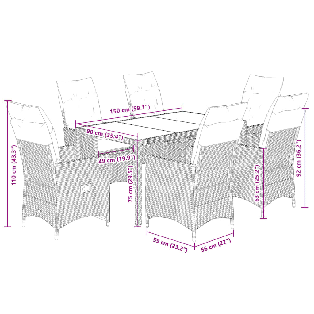 imagem de vidaXL 7 pcs conjunto de jantar p/ jardim com almofadões vime PE bege10