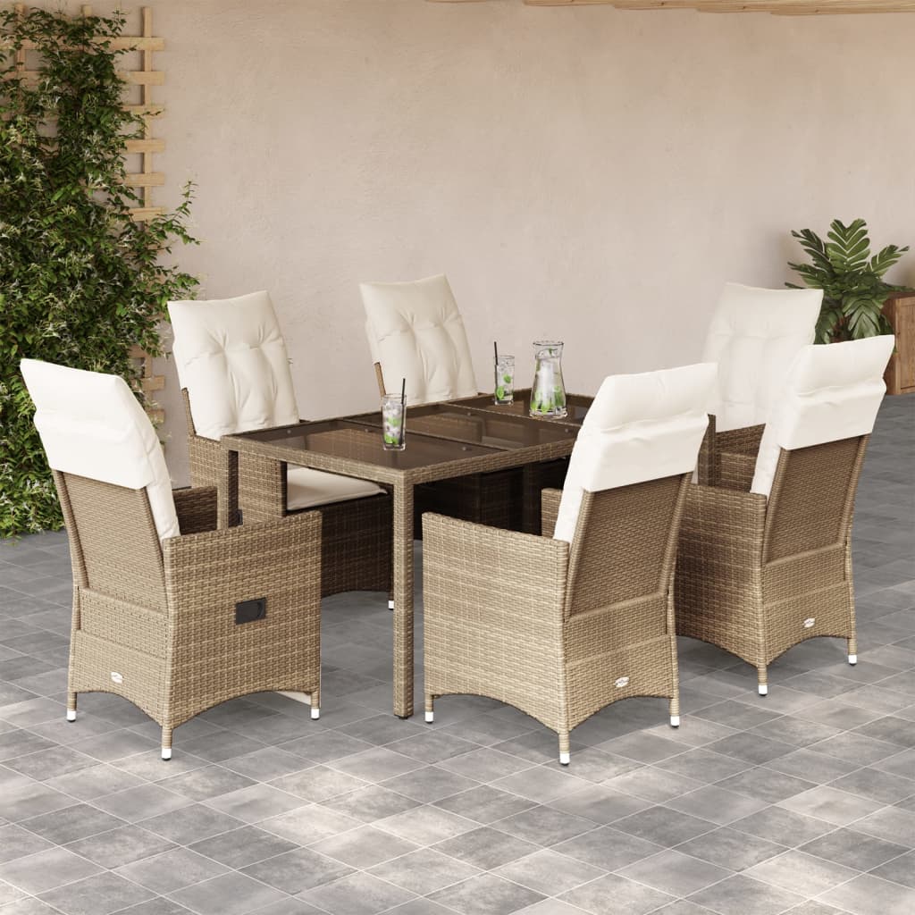 imagem de vidaXL 7 pcs conjunto de jantar p/ jardim com almofadões vime PE bege1