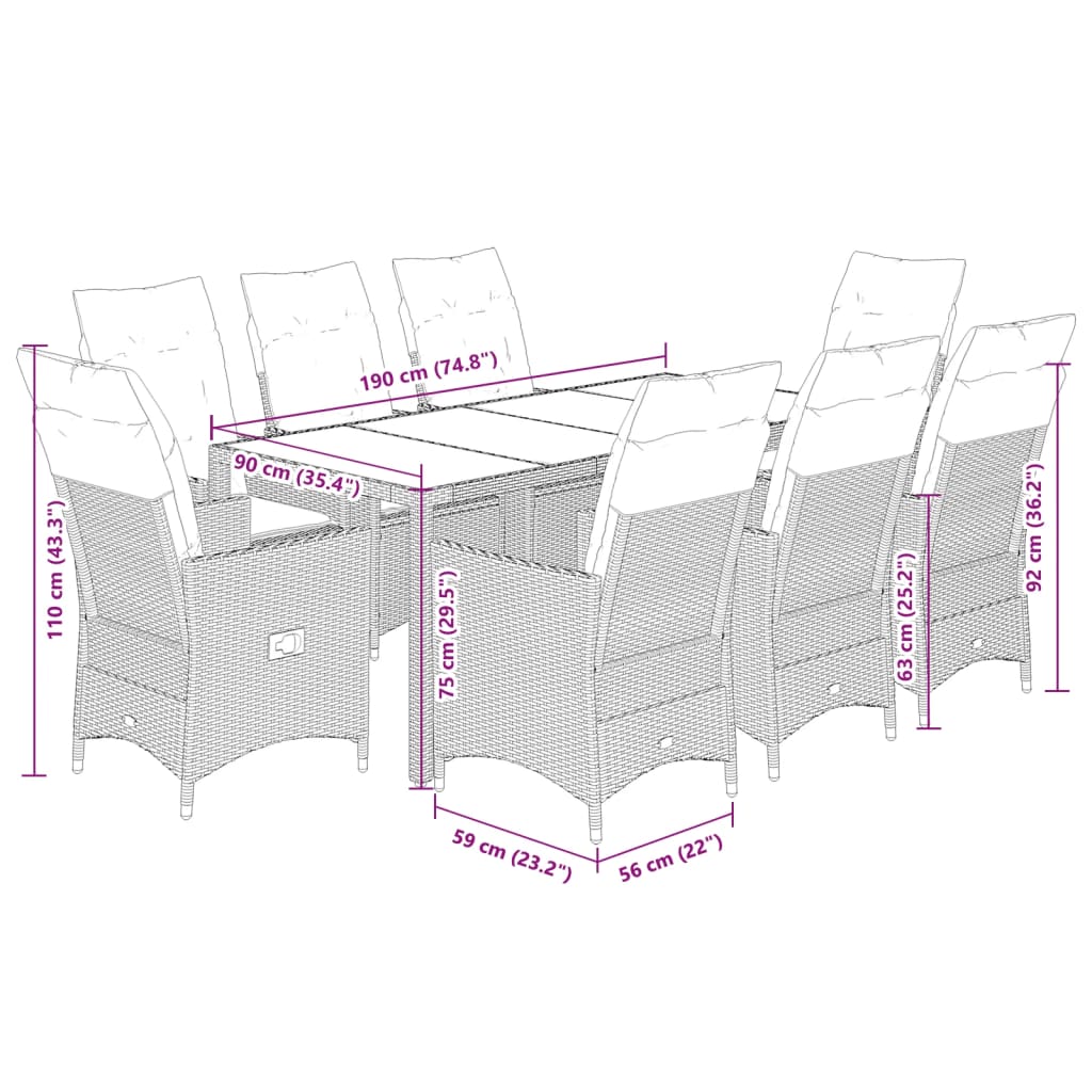 imagem de vidaXL 9 pcs conjunto de jantar p/ jardim com almofadões vime PE bege8