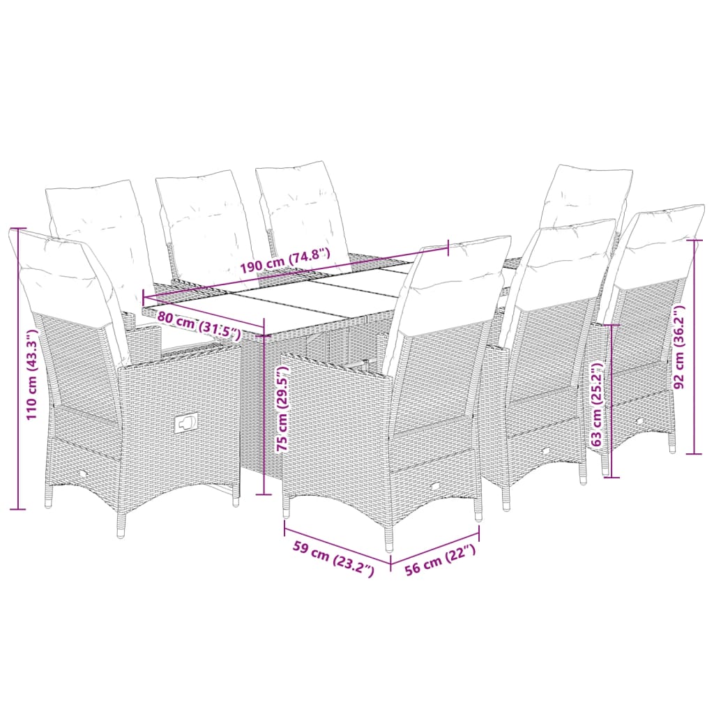 imagem de vidaXL 9 pcs conjunto de jantar p/ jardim com almofadões vime PE bege10