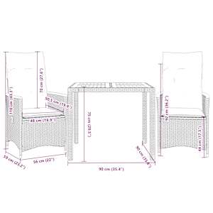 3dílný bistro set s poduškami černý polyratan - obrázek 7
