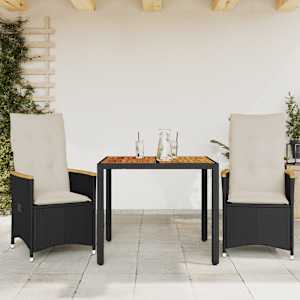 3dílný bistro set s poduškami černý polyratan - obrázek 1