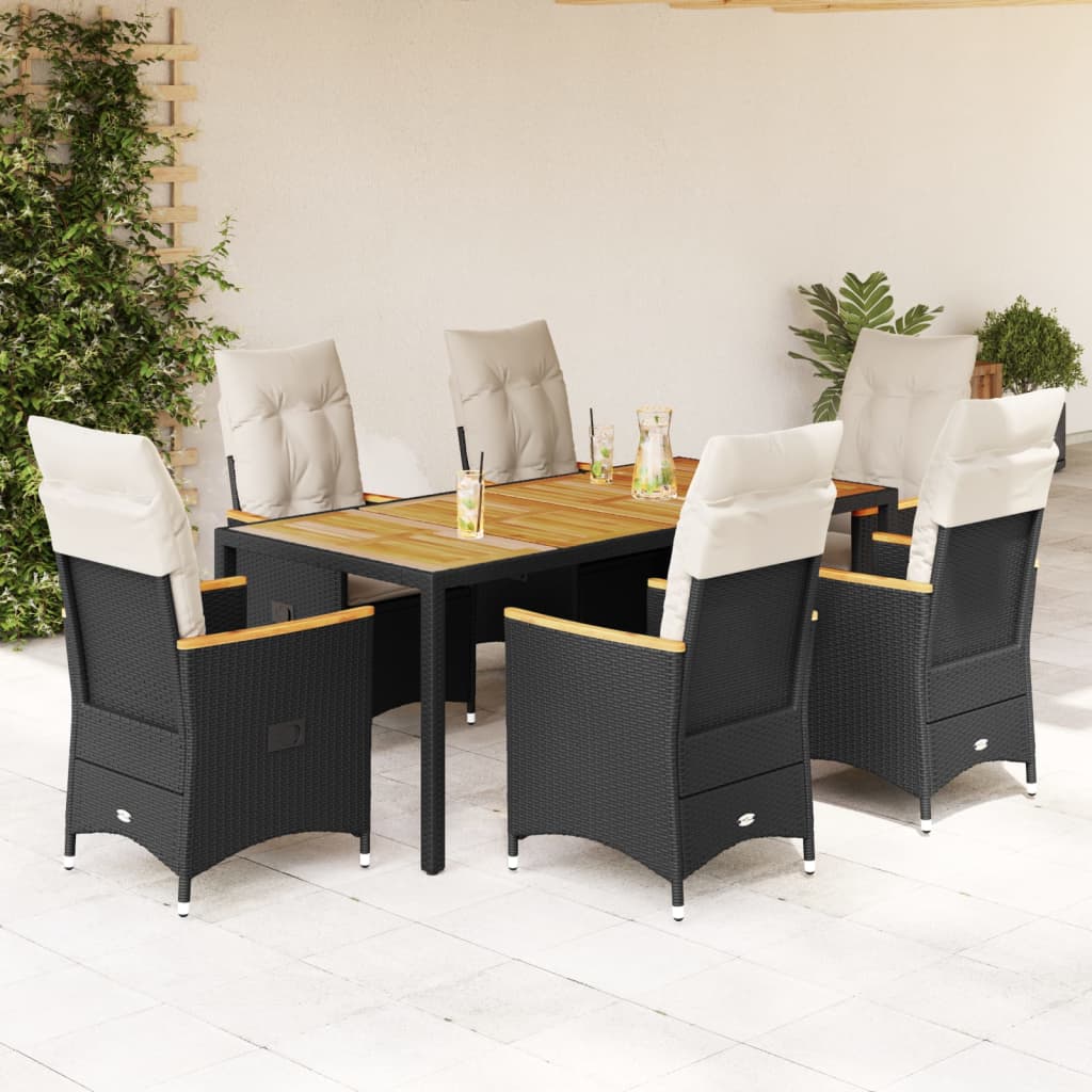 vidaXL 7-tlg. Garten-Essgruppe mit Kissen Schwarz Poly Rattan