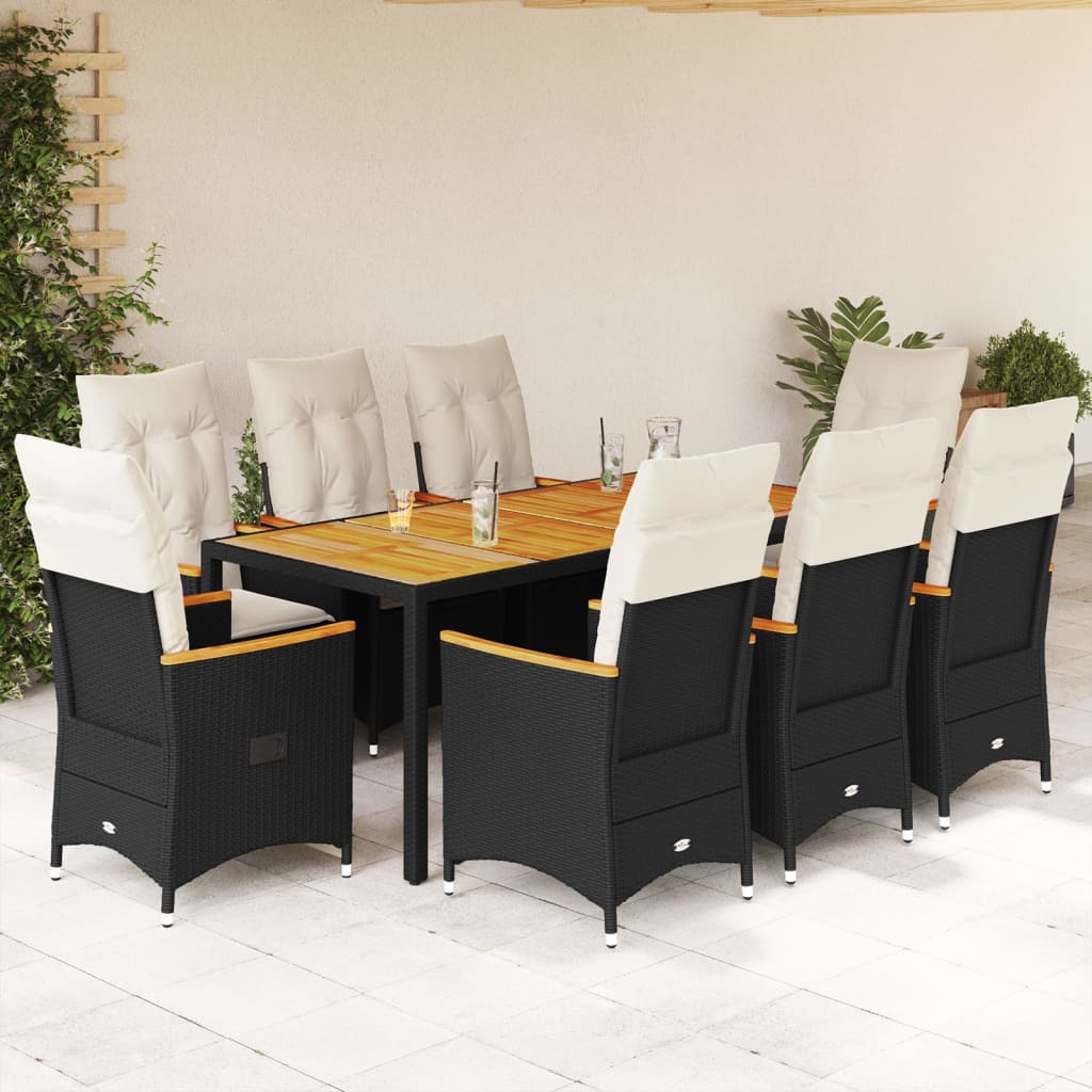 imagem de vidaXL 9 pcs conjunto de jantar p/ jardim c/ almofadões vime PE preto1