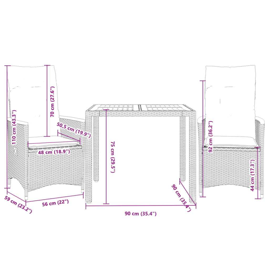 imagem de vidaXL 3 pcs conjunto bistrô com almofadões vime PE cinza8