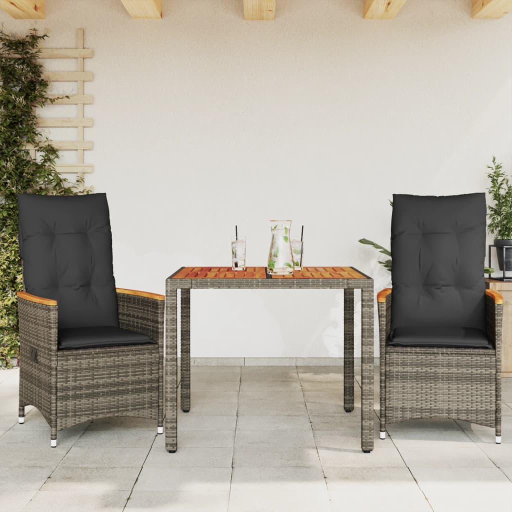 vidaXL 3-tlg. Bistro-Set mit Kissen Grau Poly Rattan