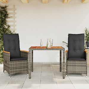 3dílný bistro set s poduškami šedý polyratan
