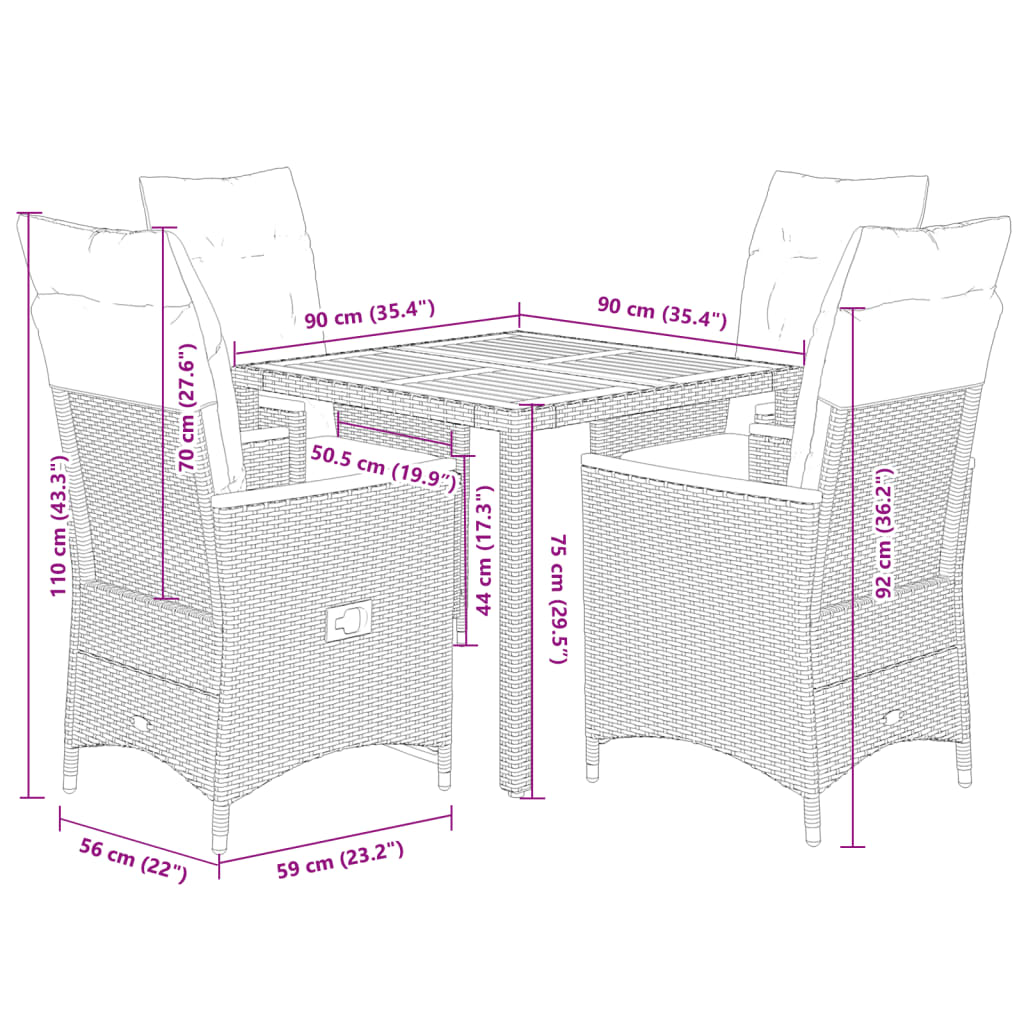 imagem de vidaXL 5 pcs conjunto de jantar p/ jardim c/ almofadões vime PE cinza10