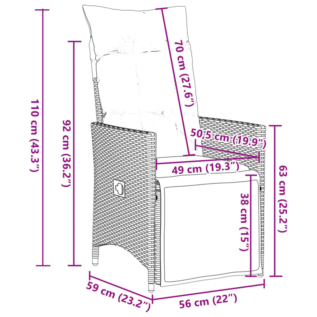 imagem de vidaXL 7 pcs conjunto de jantar p/ jardim c/ almofadões vime PE preto9