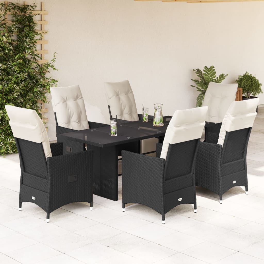 vidaXL 7-tlg. Garten-Essgruppe mit Kissen Schwarz Poly Rattan