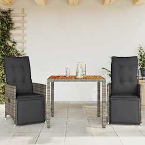 3dílný zahradní bistro set s poduškami šedý polyratan - obrázek 1