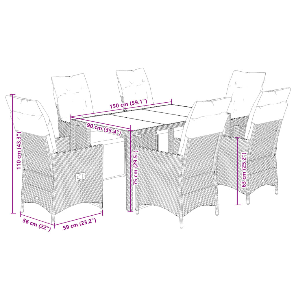 imagem de vidaXL 7 pcs conjunto bistrô de jardim c/ almofadões vime PE cinza11