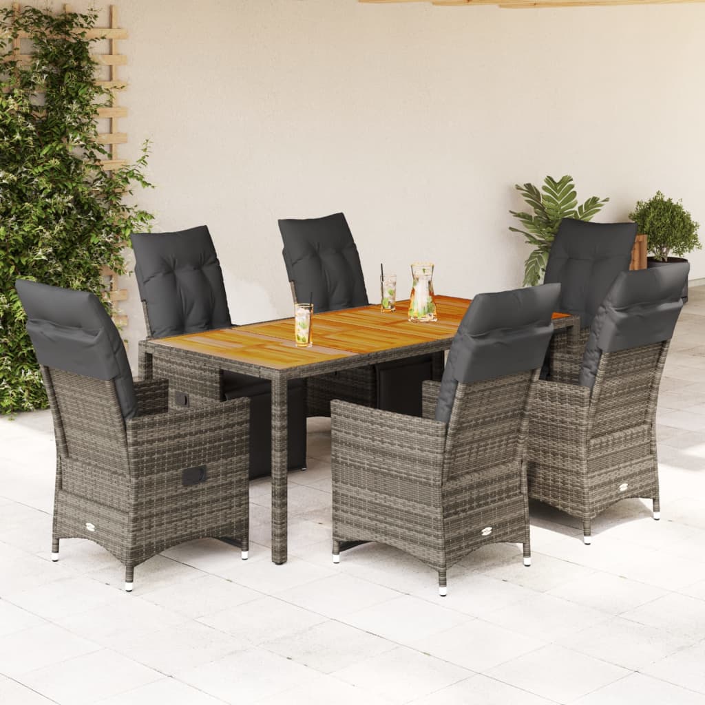 vidaXL Set bistro de grădină cu perne, 7 piese, gri, poliratan