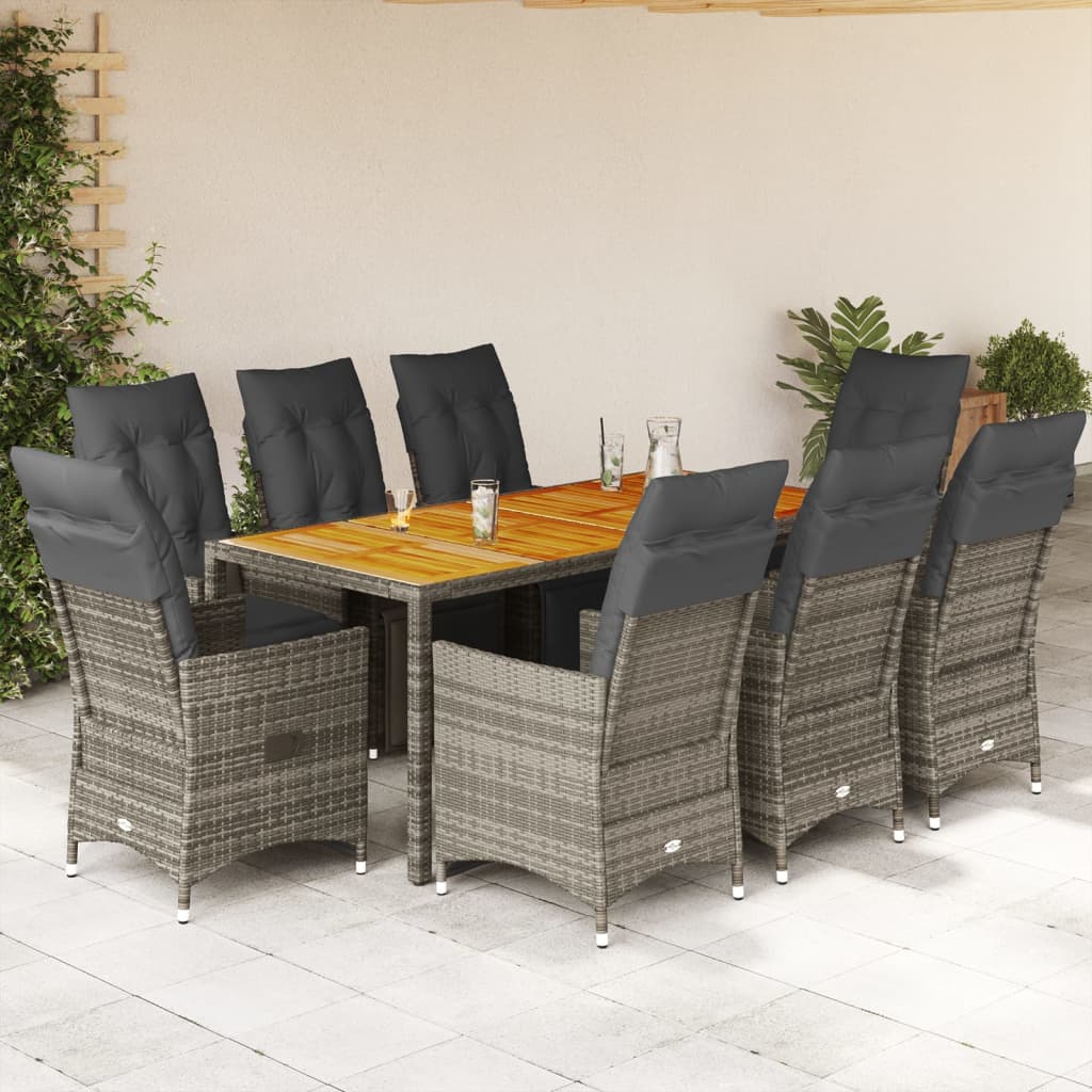 vidaXL Set bistro de grădină cu perne, 9 piese, gri, poliratan