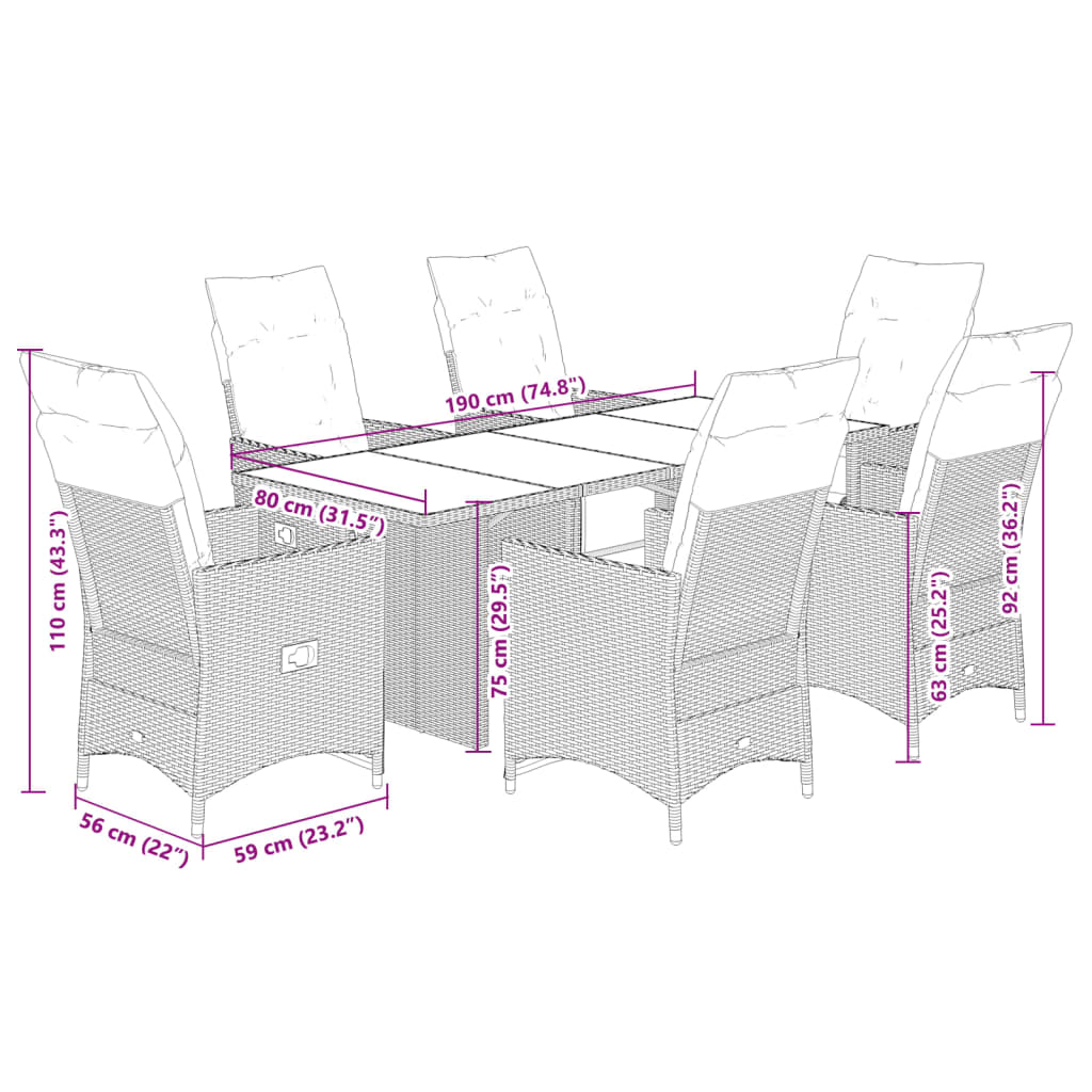 imagem de vidaXL 7 pcs conjunto bistrô de jardim c/ almofadões vime PE cinza11