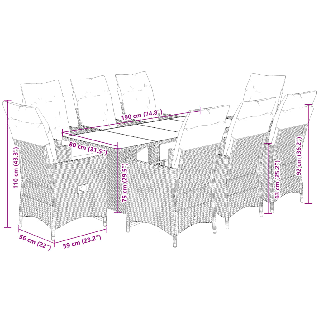 imagem de vidaXL 9 pcs conjunto bistrô de jardim c/ almofadões vime PE cinzento8