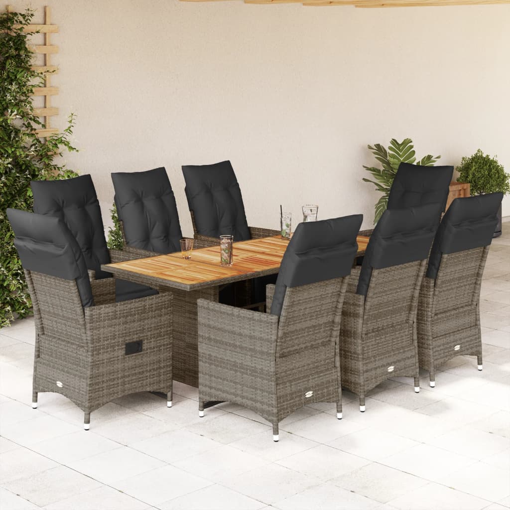 vidaXL 9-tlg. Garten-Bistro-Set mit Kissen Grau Poly Rattan